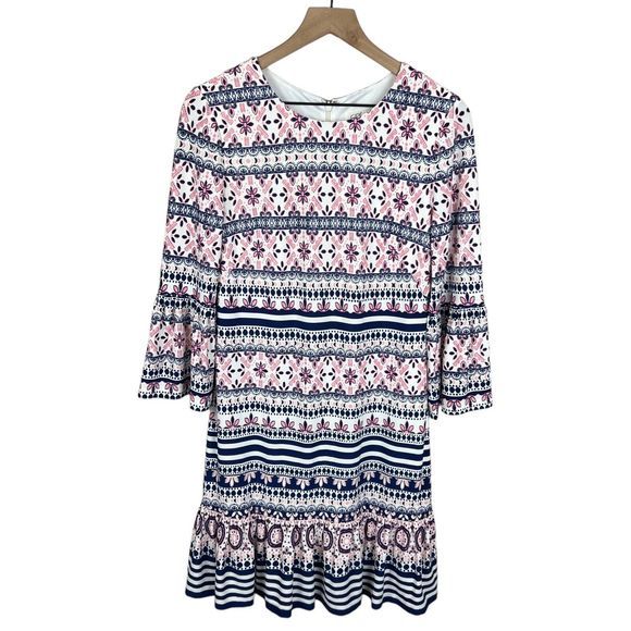 Eliza J Womens Pink Blue Striped Floral 3/4 Ruffle Sleeve Ruffle Hem Dress‎ 6 - Picture 1 of 5